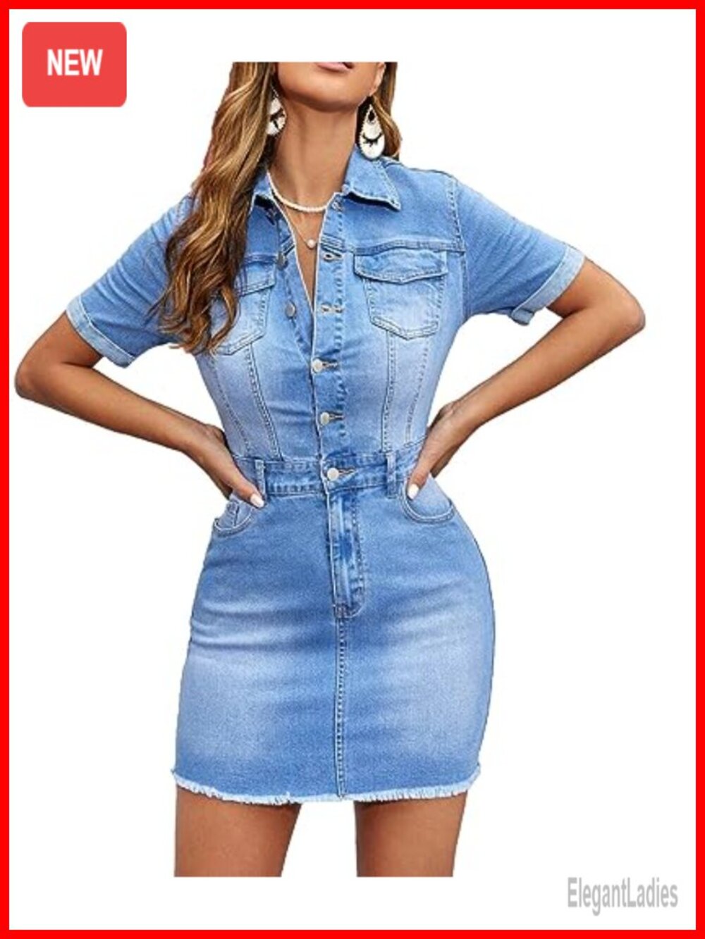 Button Down Denim Bodycon Mini Dress Lapel V Neck Short Sleeve Club